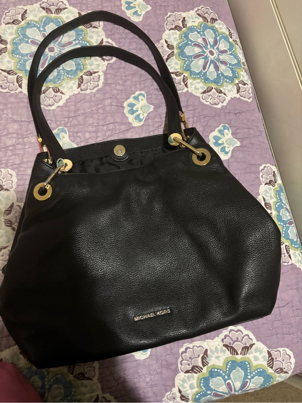 Michael Kors Black Pebbled Leather Shoulder Bag with Gold Hardware